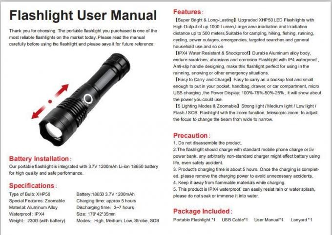 Tactical High Lumen LED USD Rechargeable Flashlight